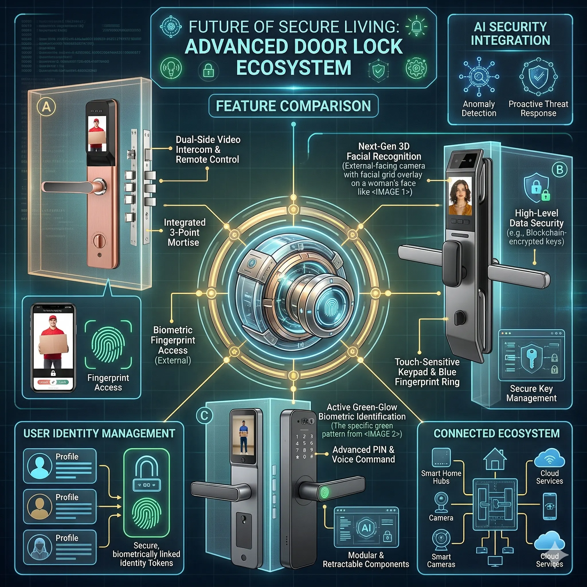 Smart Face Recognition Door Lock 3D AI Face Unlock Fingerprint PIN RFID App Control WiFi Camera Video Doorbell Auto Lock Anti Theft Security System Safe - Image 4