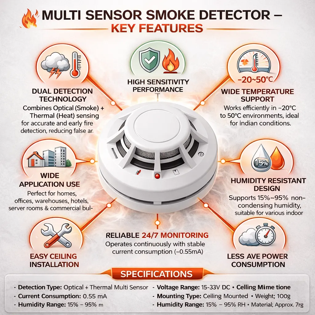Multi Sensor Smoke Detector | Optical + Thermal Fire Detection | High Sensitivity Alarm | Ceiling Mount | Wide Temperature Range | Advanced Fire Safety - Image 2