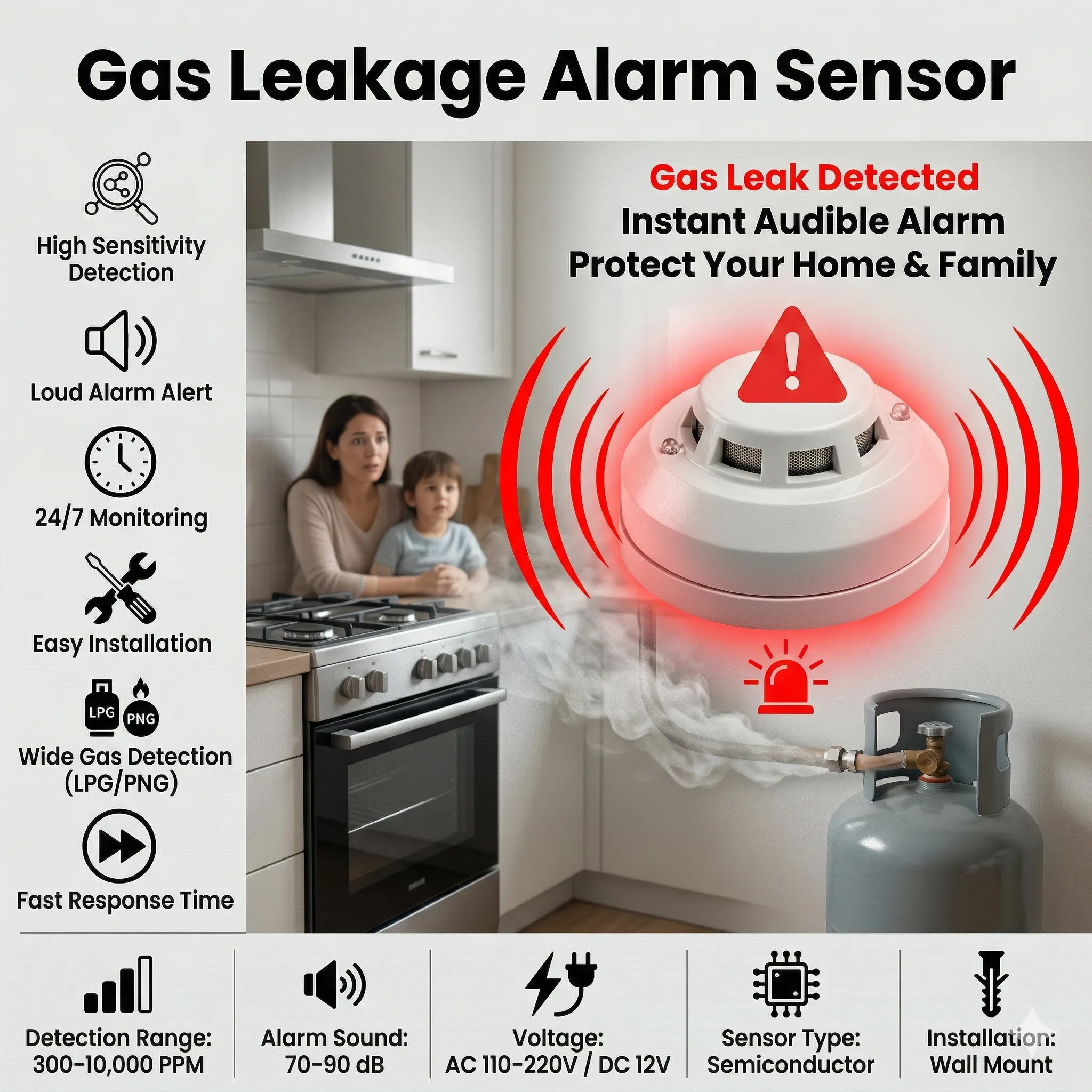 Gas Leakage Alarm Sensor Detector | LPG/PNG Gas Leak Detector with Audible Alarm | High Sensitivity Gas Sensor for Home Kitchen Safety | 24/7 Gas Safety System - Image 2