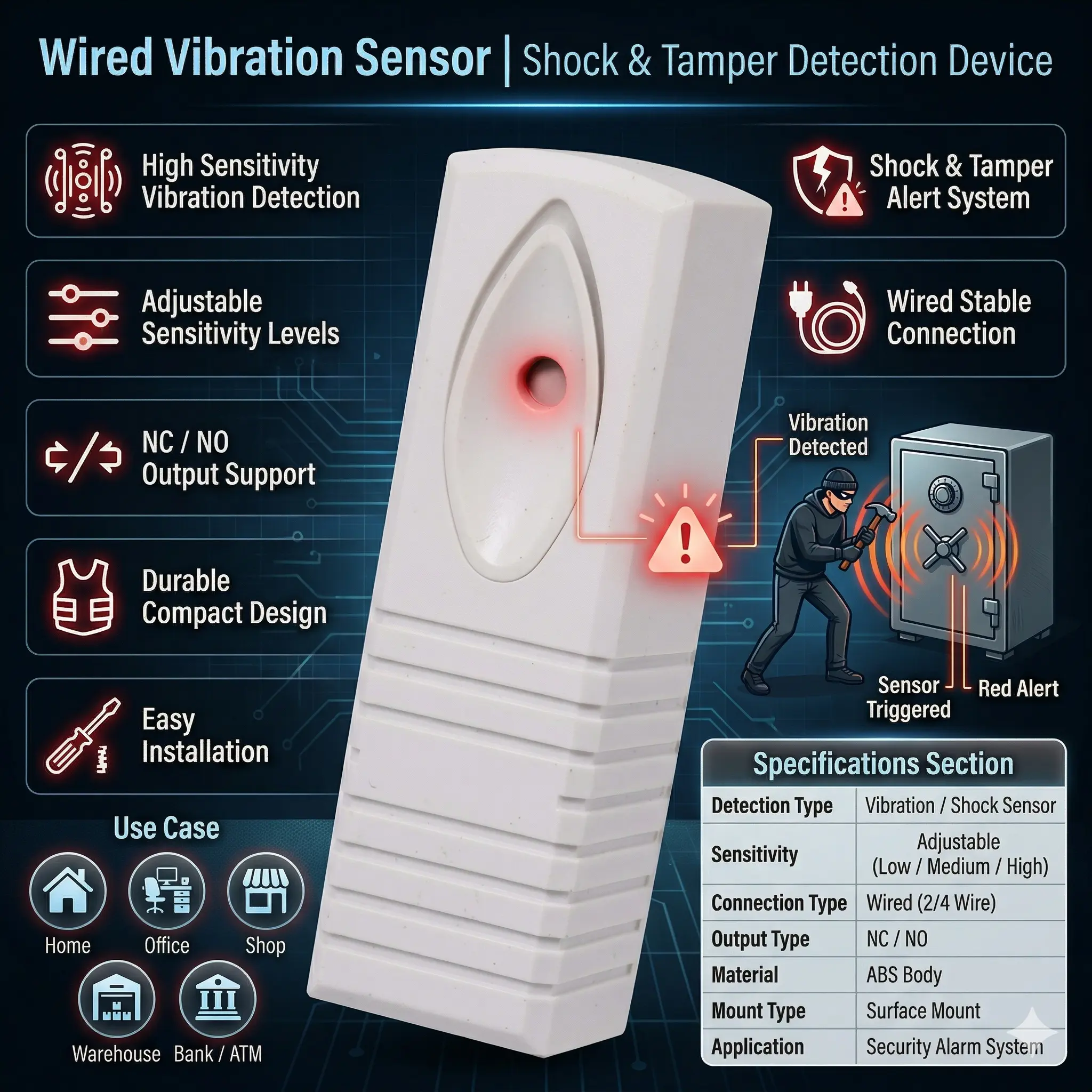 Wired Vibration Sensor for Home Security System | Shock & Tamper Detection Sensor | Anti-Theft Alarm Trigger Device | High Sensitivity Intrusion Detector - Image 2