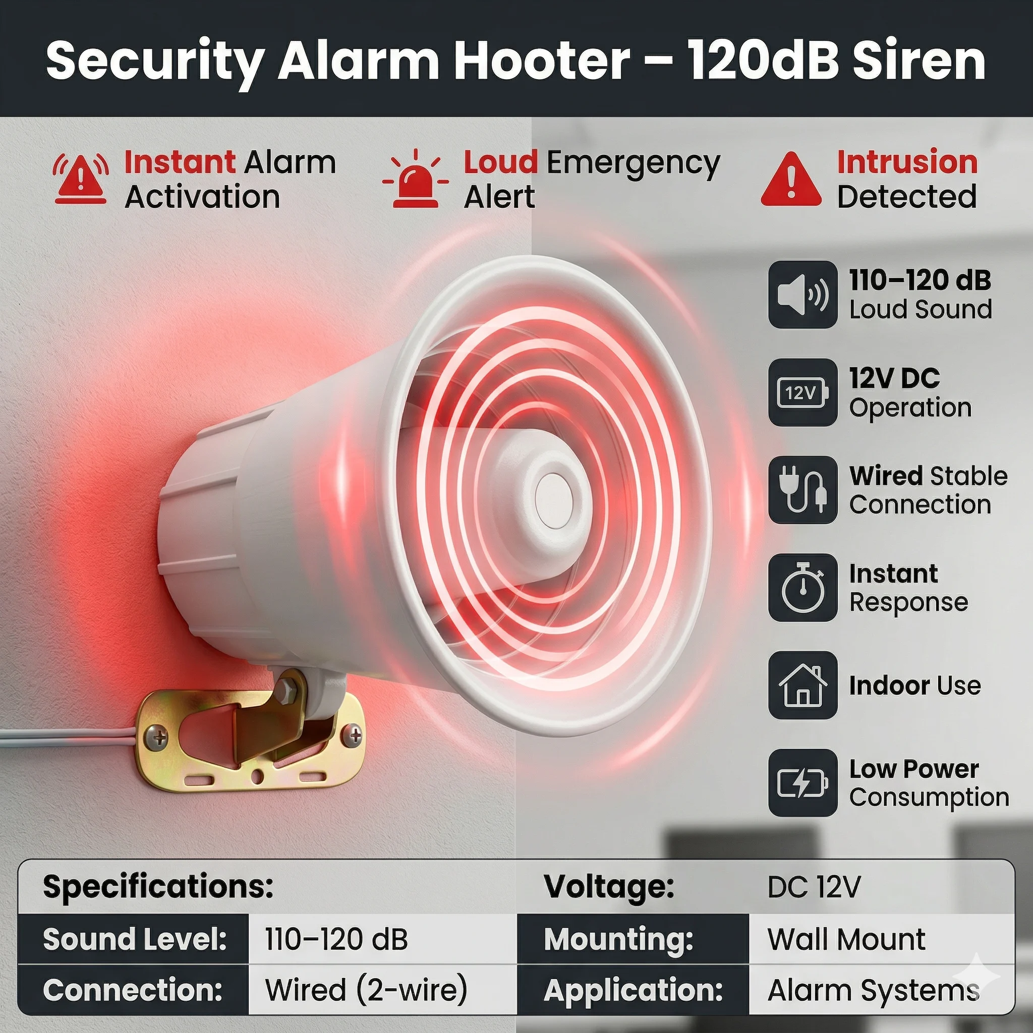 12V Wired Security Alarm Hooter | 120dB Loud Siren Horn for Home & Burglar Alarm System | Indoor Electronic Sounder | Anti-Theft Warning Siren - Image 2