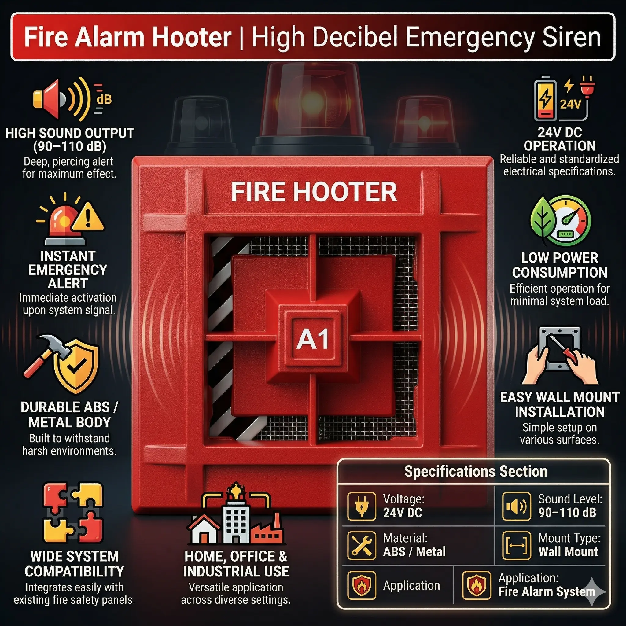 Fire Alarm Hooter | High Decibel Electronic Siren | | 24V DC Fire Alarm Device | ABS/Metal Body | Loud Emergency Alert for Office, Factory, Warehouse - Image 2